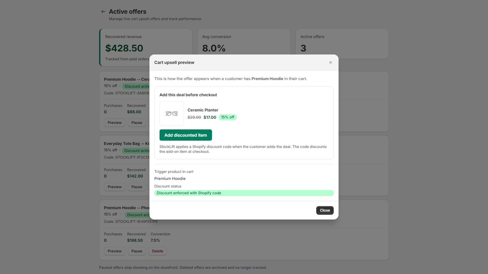 Preview of a cart add-on with scoped discount code